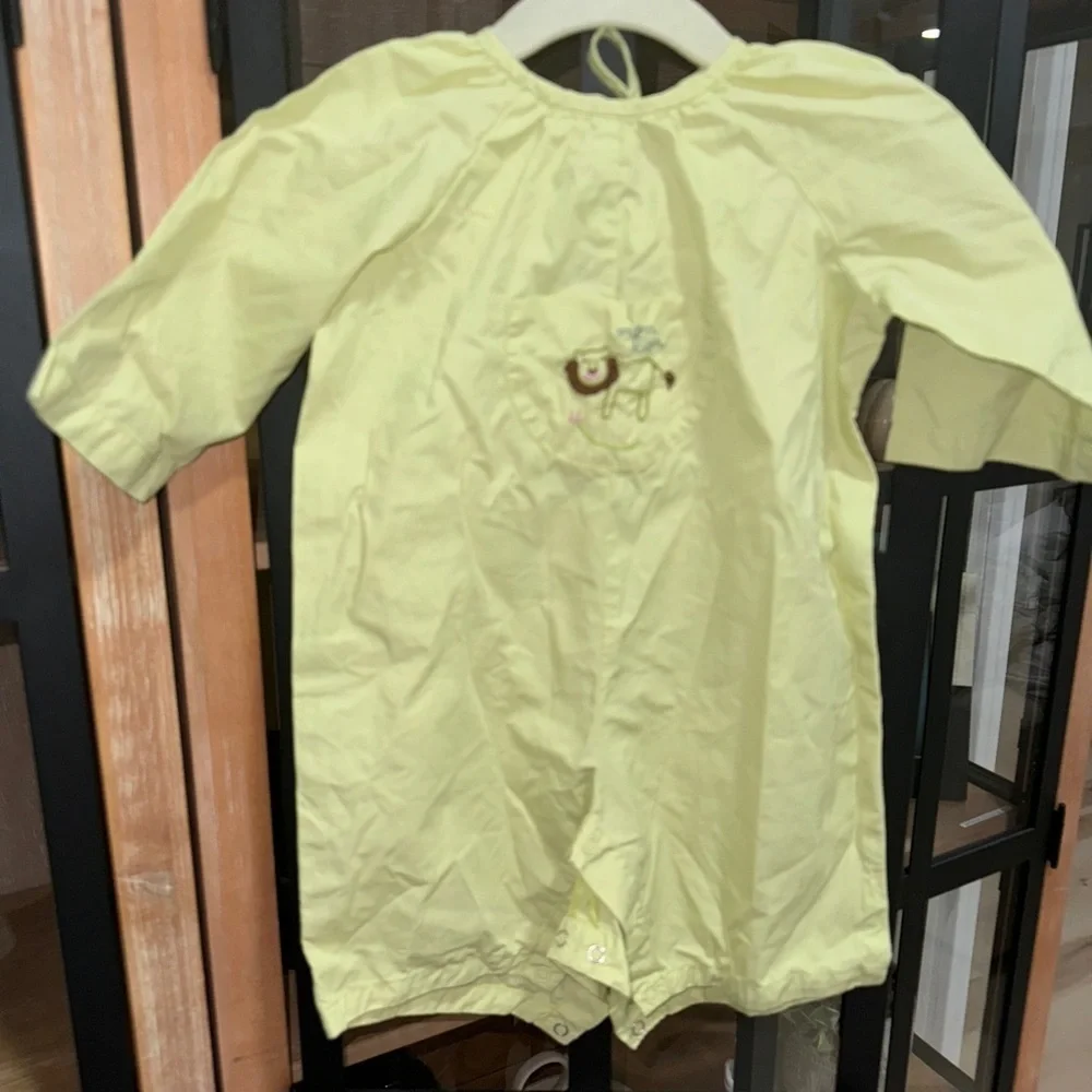 Vintage French mon lion embroidered romper coverall baby girl long sleeve lime